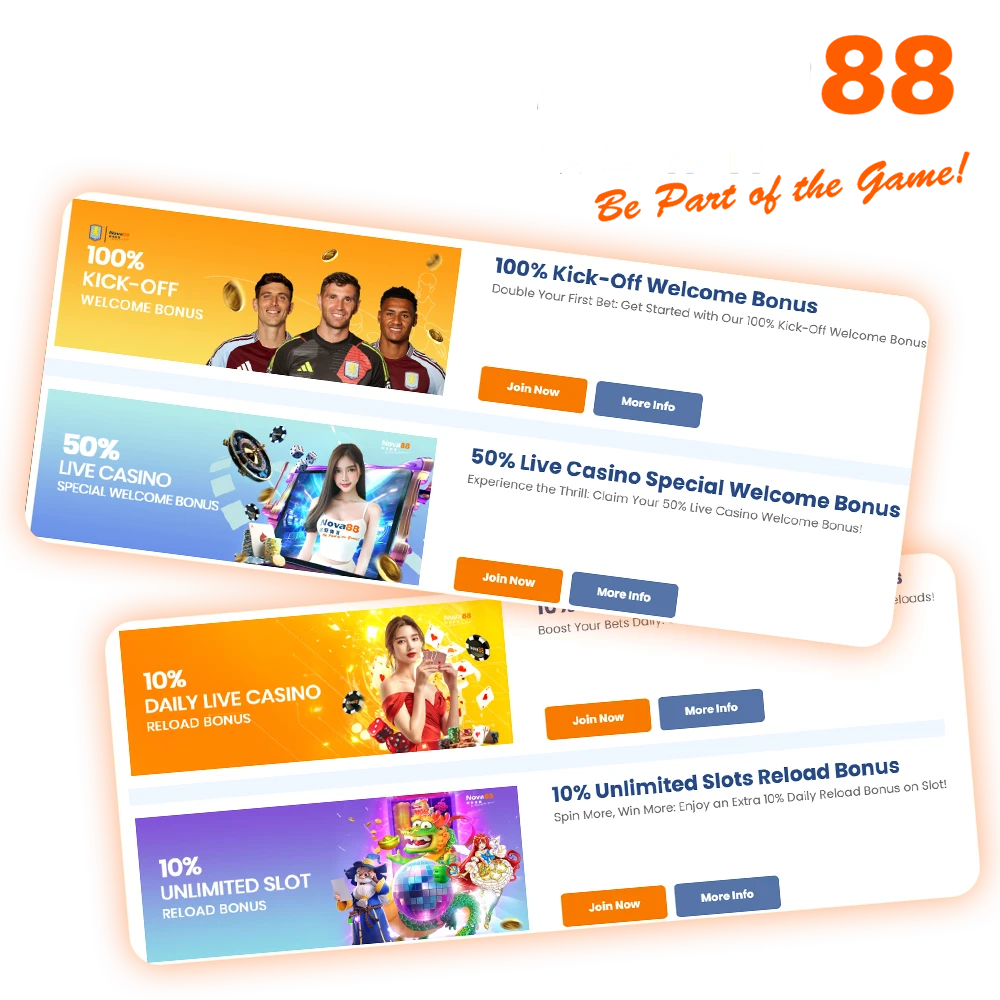 Enjoy bonuses and promotions on Nova88 in India.