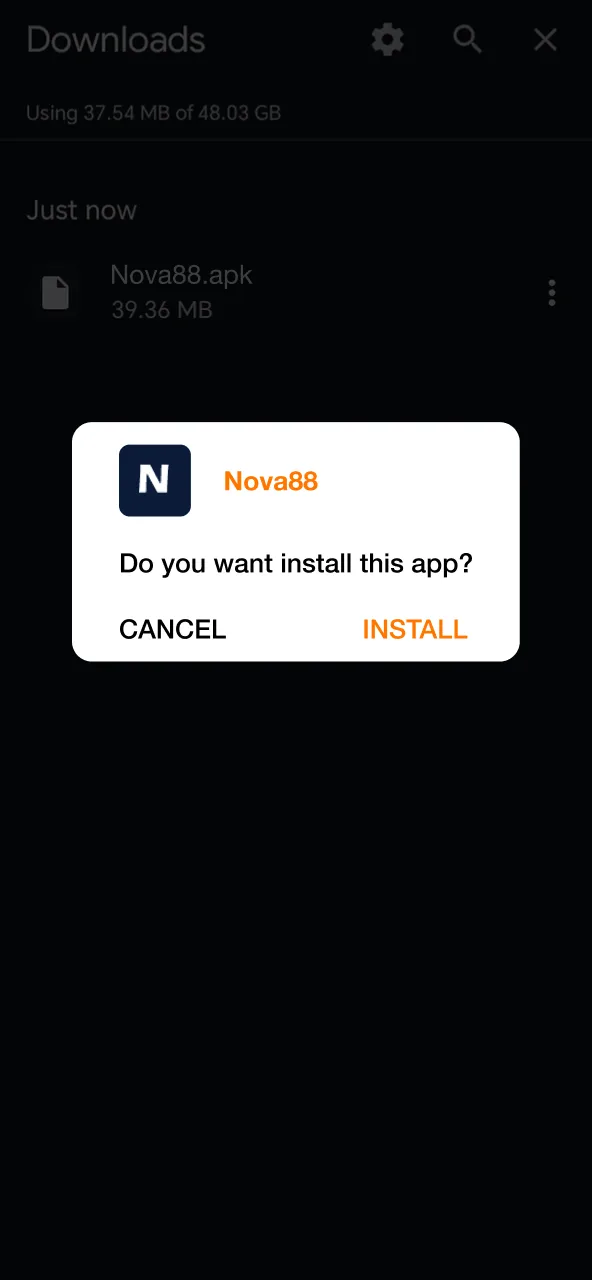 Complete Nova88 installation by selecting 'Install'; the app will be ready to use.