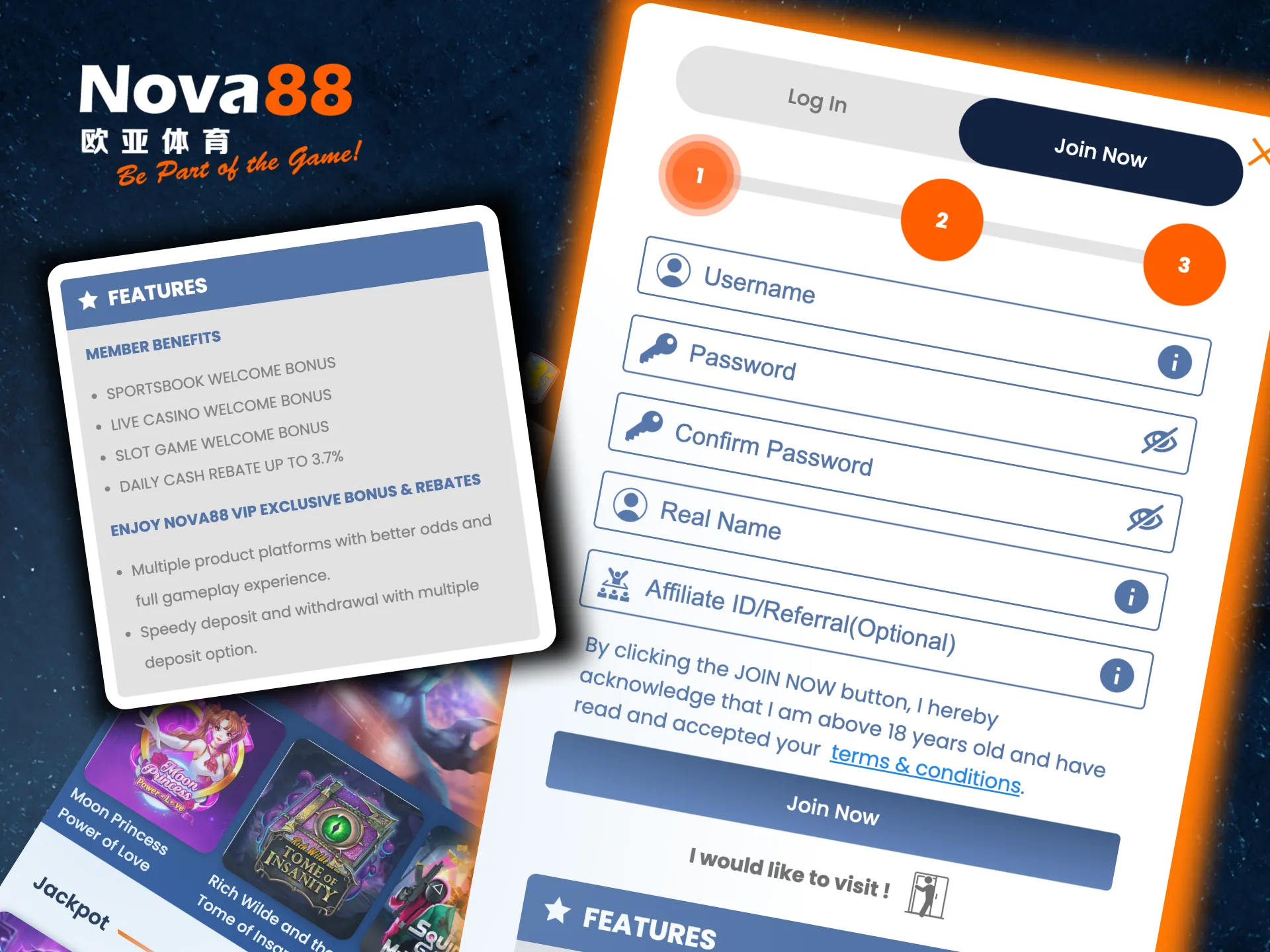 Create your Nova88 account by filling out details and confirming via the app.