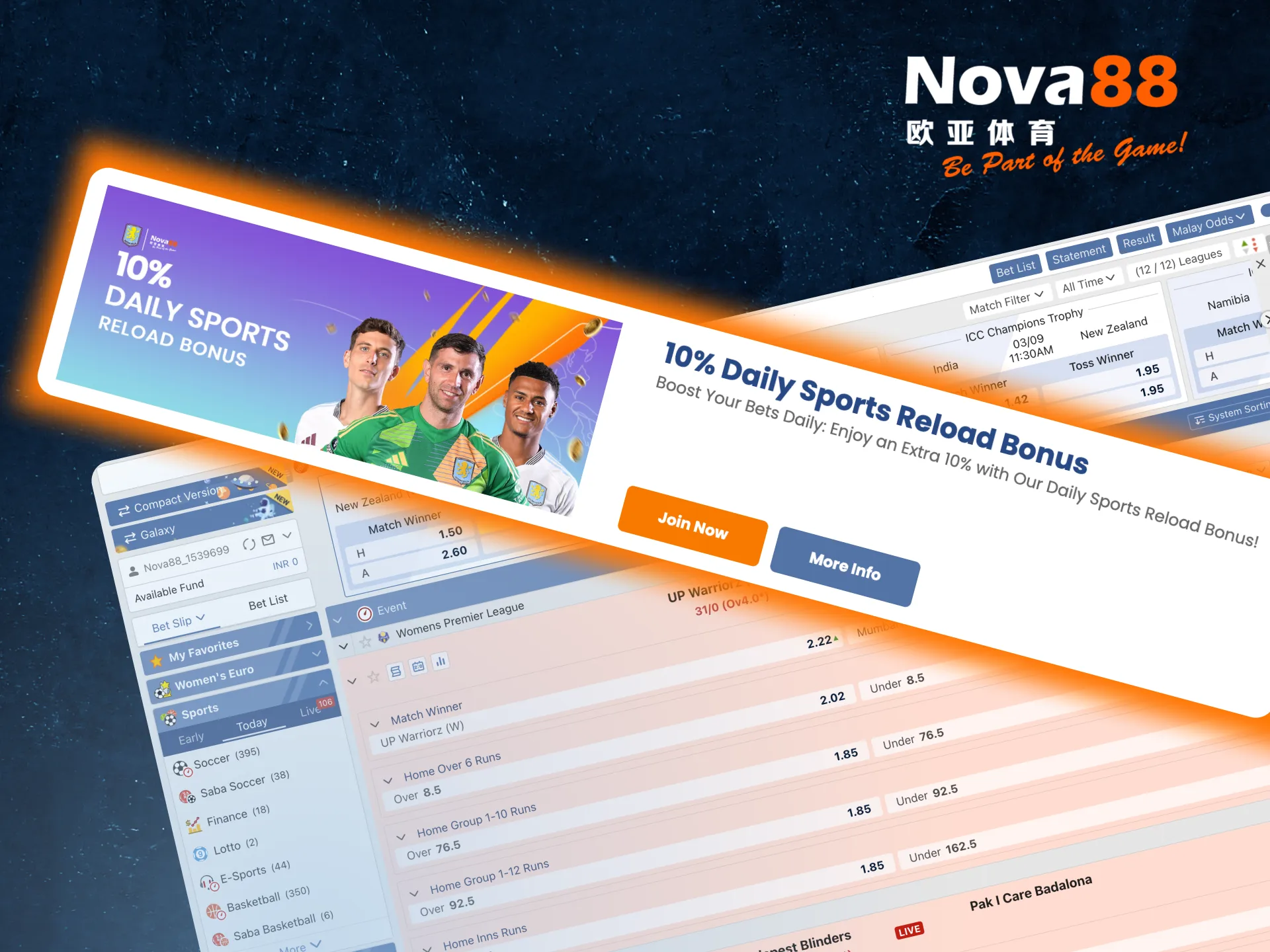 Deposit daily on Nova88 and earn a 10% reload bonus for sports matches.