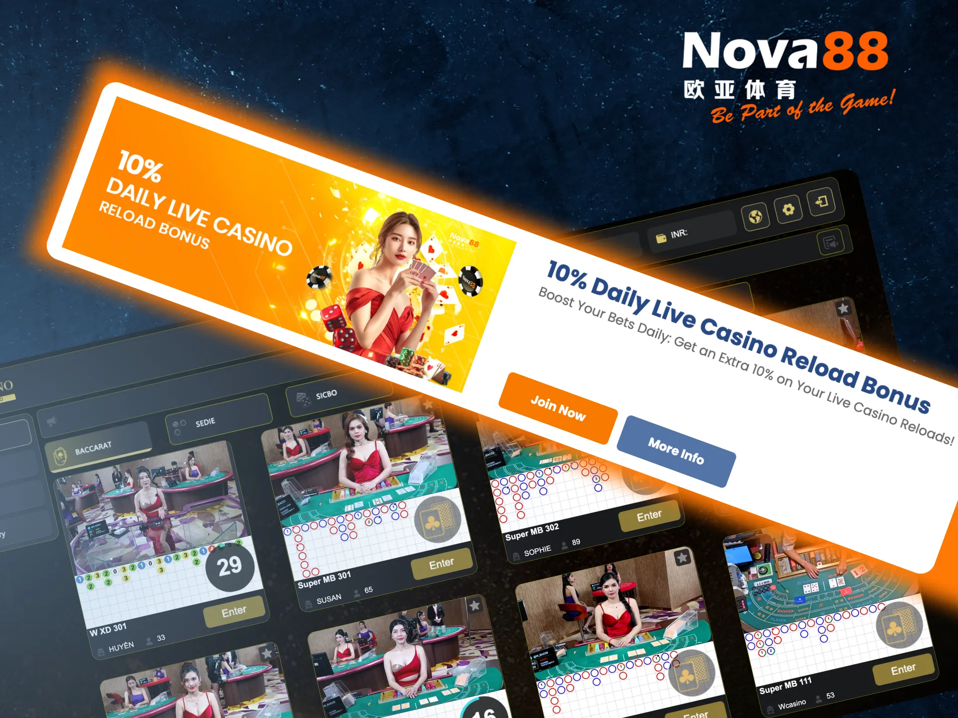 Claim a 10% reload bonus daily on Nova88 in Live Casino.