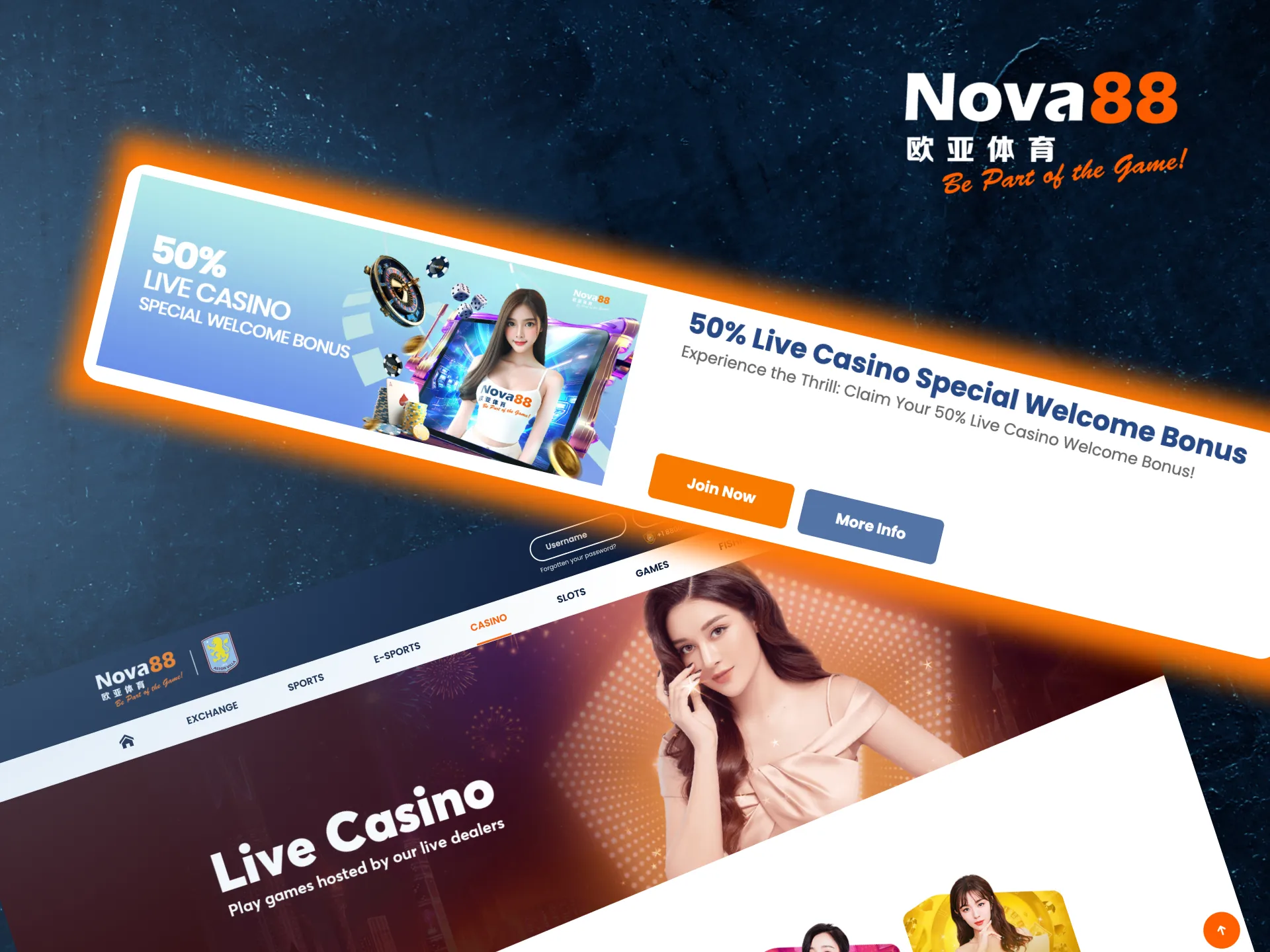 Nova88 welcomes new players with a Live Casino bonus and free spins offer.