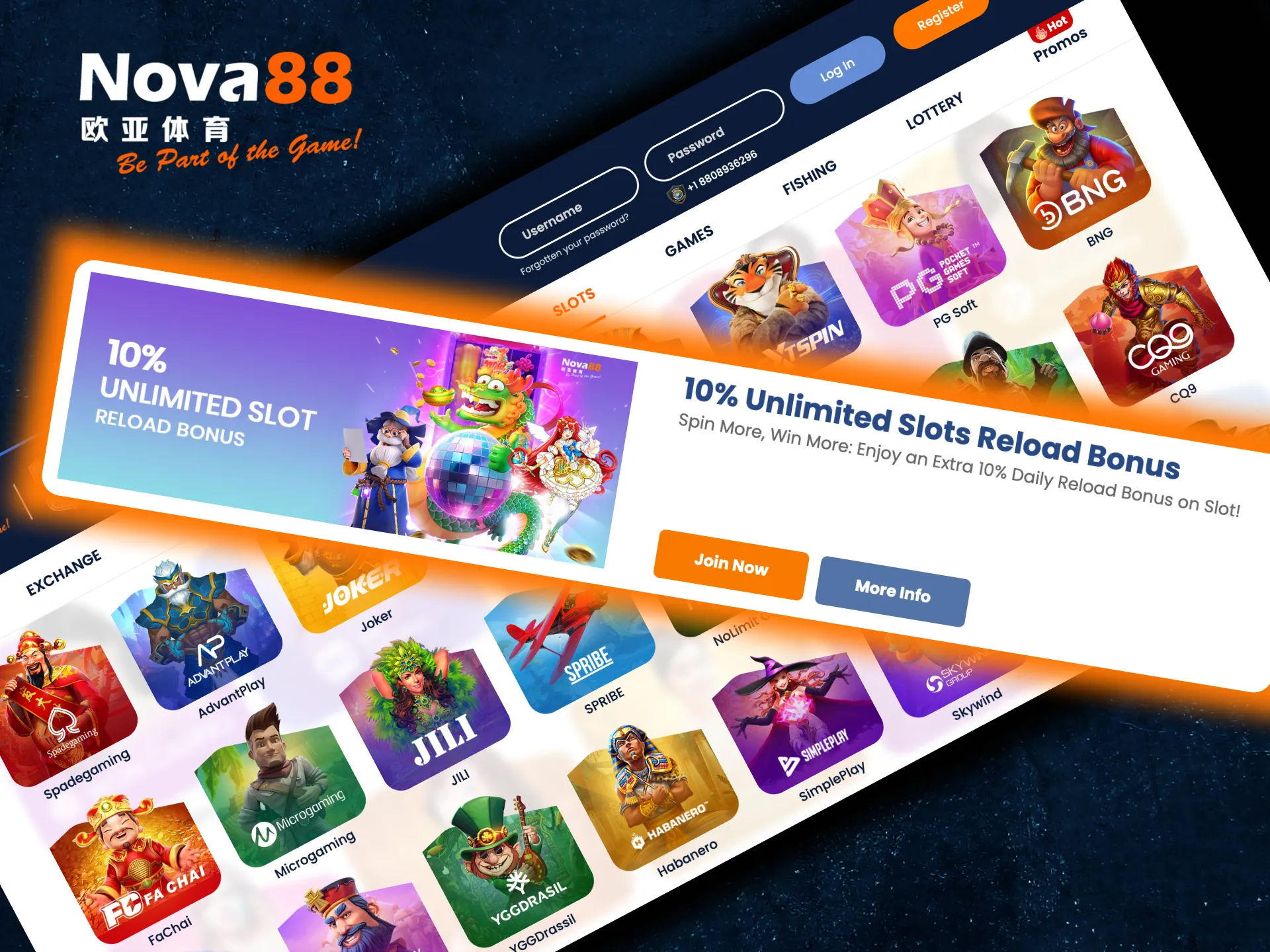 Claim a 10% reload bonus for slots on Nova88 by depositing INR 300 or more.