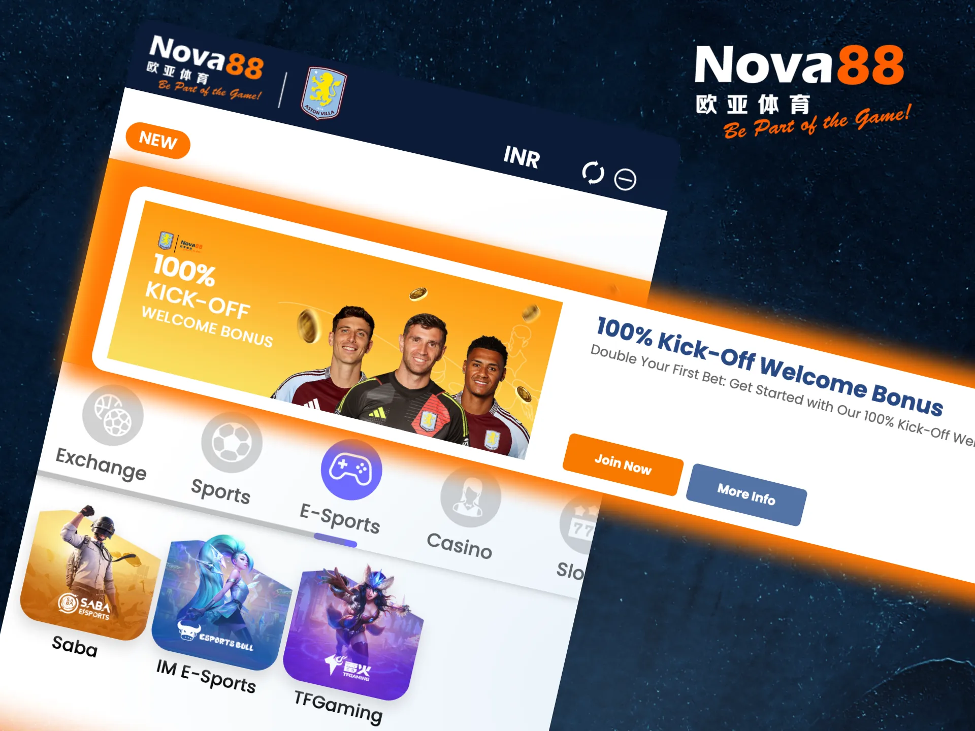 Deposit INR 500 or more as a new Nova88 user and get 100% bonus for esports betting.