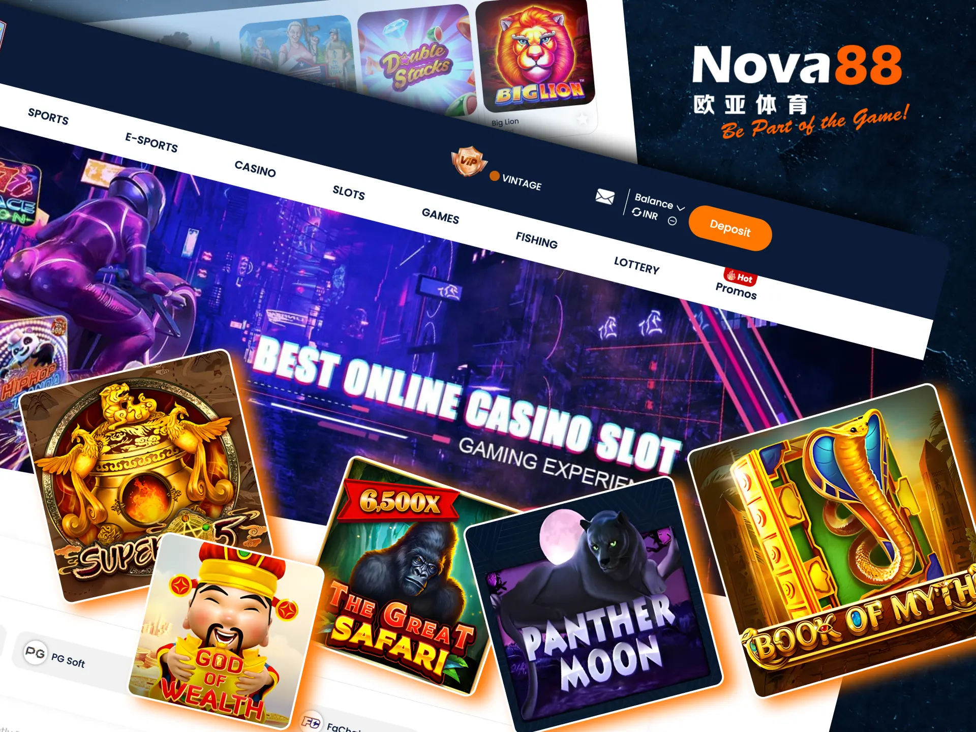 Play popular slots on Nova88, featuring GoldenFuwa, Super5, and Book of Myth.